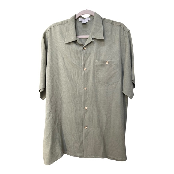 Tulio 100% Silk Olive Green Vintage Y2K button down shirt Men's size large - Picture 2 of 13
